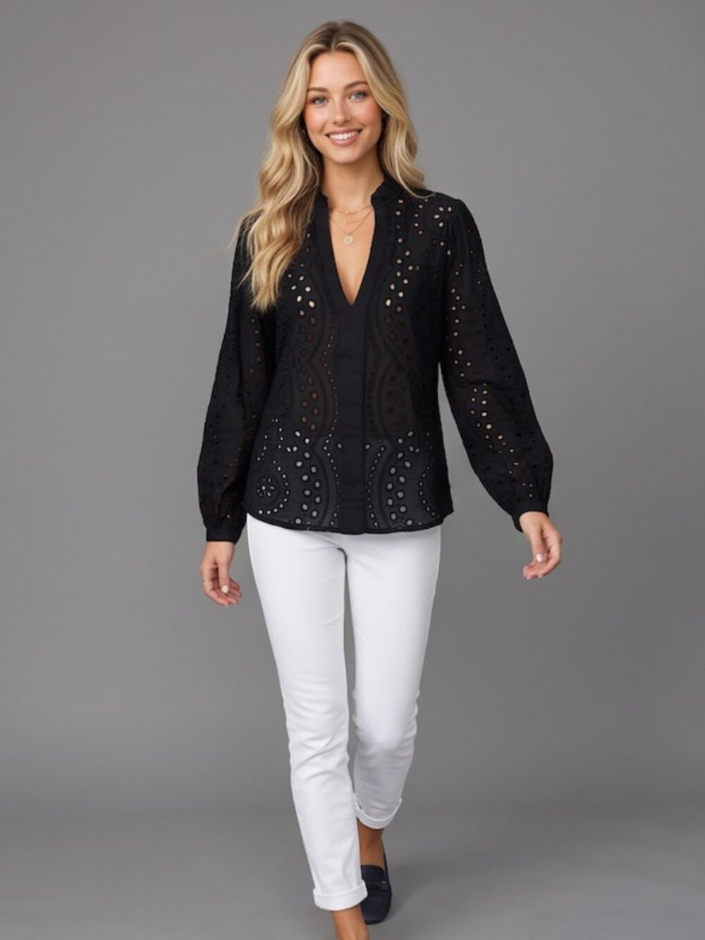 Black Eyelet Embroidered Blouse – Ruffle Stand Collar Split V-Neck Peasant Top